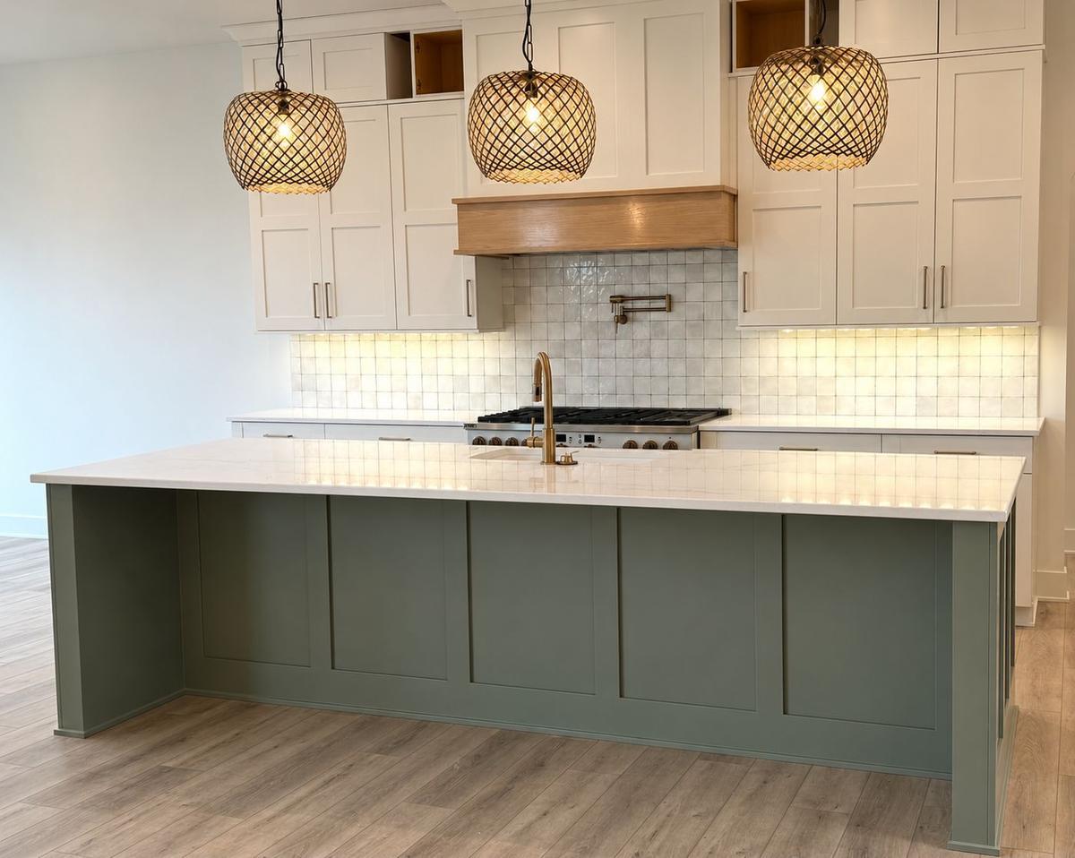 Sage green painted kitchen island with brass hardware