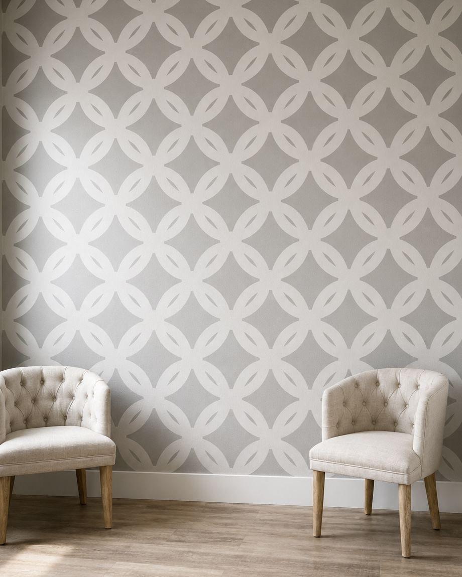 Geometric circle wallpaper accent wall with tufted chairs